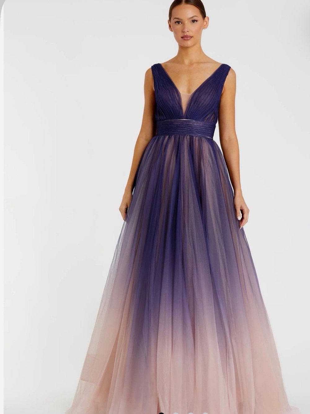 Mac Duggal Purple-to-Blush Ombre V-Neck Tulle Maxi Gown